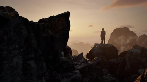Man Hiker Rocky Mountain Peaks During Dramatic Sunset or Sunrise 3d Rendering Animation