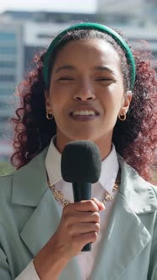 City, face and woman with mic for news, broadcast and serious for media announcement and journalism