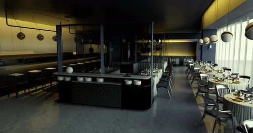 Elegant Modern Dining Area with Stylish Decor and Warm Lighting in Restaurant