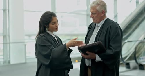 Legal paperwork, discussion and judges in collaboration talking on a court case