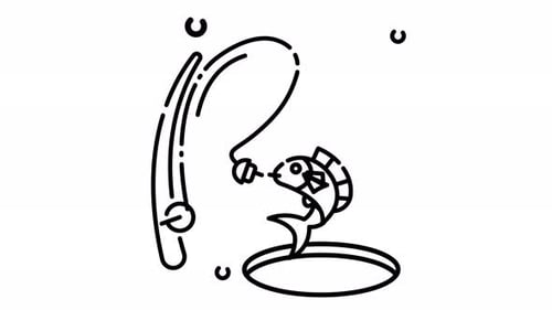 Animated Line Art Fishing Rod and Fish Jumping