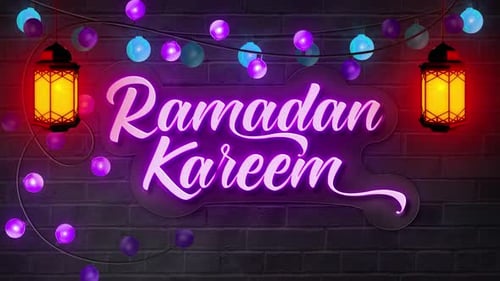 Texte au néon Ramadan Kareem avec lanterne et lumières V6
