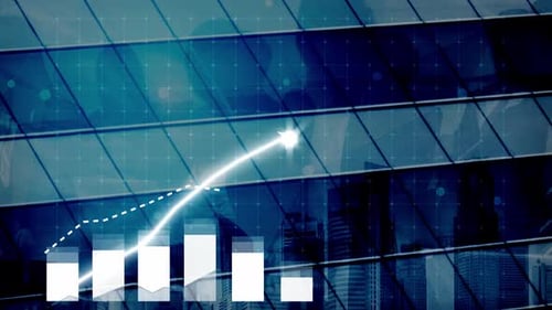 Stock market analysis with bar graph and arrow