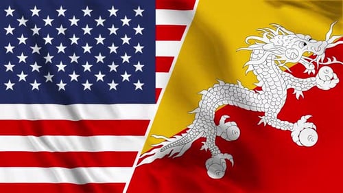 USA and Bhutan National Flags Waving Side by Side