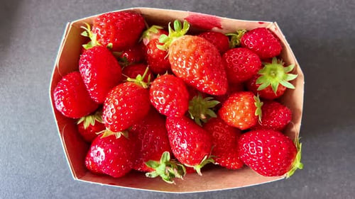 Close-Up Push-In Shot of Fresh Strawberries in a Carton Box
