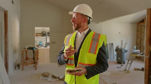 Construction Supervisor Inspects Building, Takes Notes