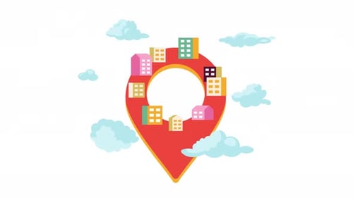 Animated Map Pin with City Buildings and Floating Clouds