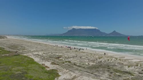 Drone view of a kitesurf spot with Table Mountain in the background.