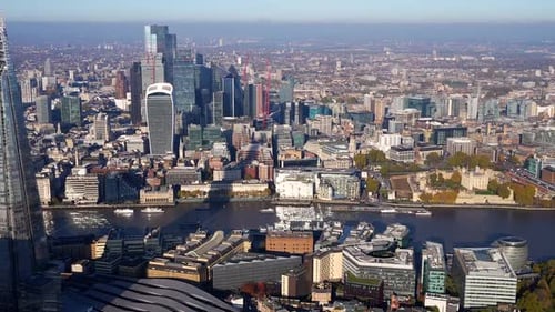 Drone Footage Over London Bridge with The Shard and City Skyline