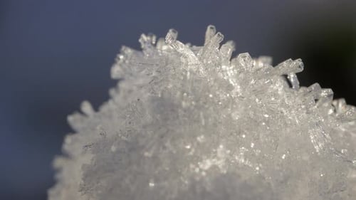 Macro shot of snow and ice melting in the sunlight