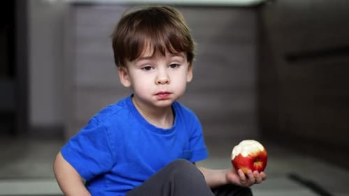 Adorable Child Eating a Delicious Red Apple Indoors