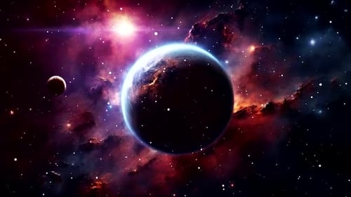 Rotating Planet and Nebula in Star-Filled Deep Space