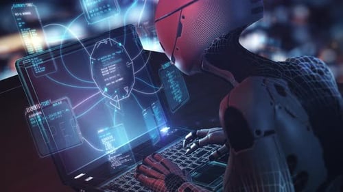 Robot Hands Typing on Laptop with Holographic Data Overlay