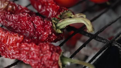 Chef puts peppers on charcoal fire grill to prepare healthy Mediterranean cuisine