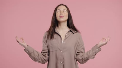 Tranquil Woman Relaxing Meditating Refuses Stress Young Lady Breathes Deeply Calms Down Pink Studio