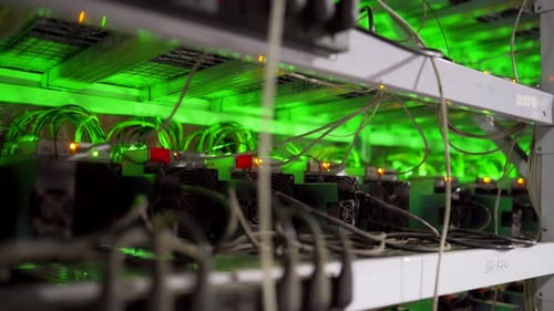 Large Wired Internet Datacenter Storage Cryptocurrency Mining Equipment on Large Farm ASIC Miners on