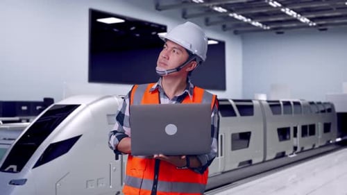 Engineer Inspecting Train with Laptop in Modern Factory