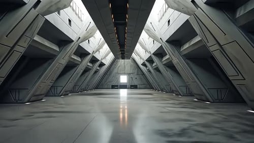 Empty, futuristic, interior hallway. Light streams from a distant window