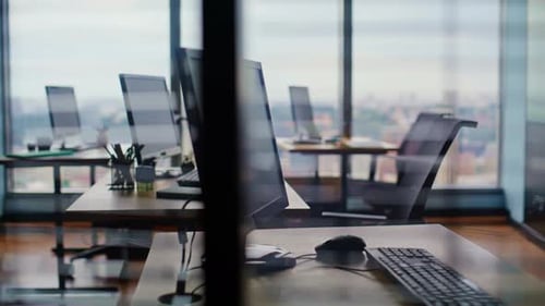 Modern Coworking Workspace Computers Wooden Desks Closeup Empty Bright Office