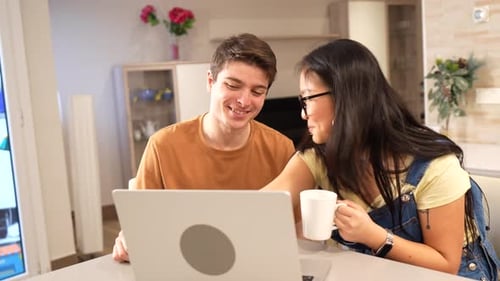 Smiling Young Couple Look At Laptop At Home
