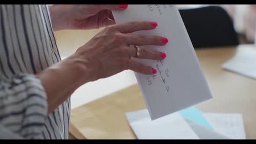 Closeup Woman Hands Pull Out Paper Envelope Utility Bill Paper Letter Bank Documents Woman Hands