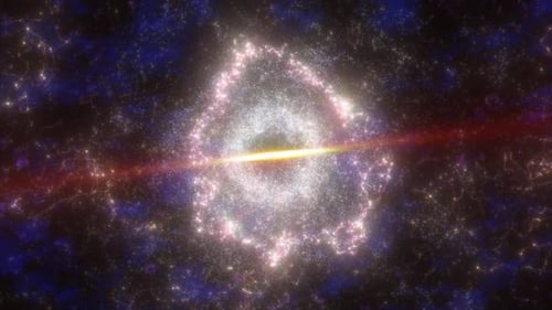 Abstract space galaxy with stars and planets spinning from particles and dots glowing bright