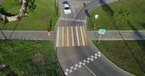 The Driver on the Car Gives Way at the Pedestrian Crossing Aerial View