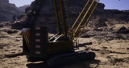 3D Animation of a Heavy Industrial Crane in Rocky Desert Environment