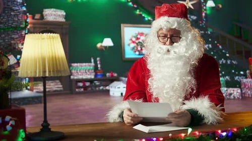 Santa Claus Reading Letter in Decorated Home