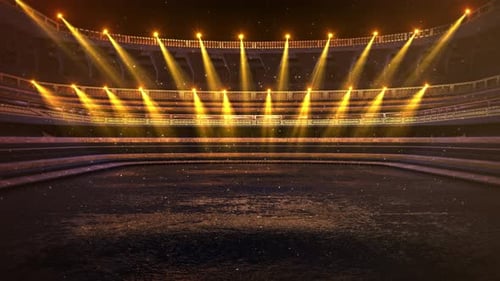 Spotlight Stadium Arena Grand Arena, lumières dorées reflétant un sol brillant, atmosphère d'événement dramatique