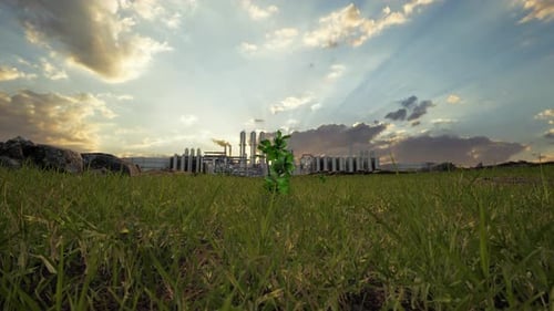 Tree And A Factory Emitting Smoke, Highlighting Environmental Issues