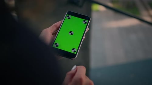 Rear Over Shoulder View Businesswoman Using Smartphone Green Screen Chroma Key Mobile Mockup Unknown