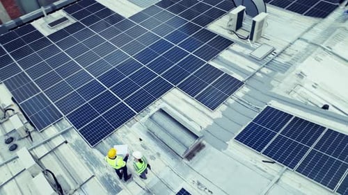 Engineering, team or top view with solar panel outdoor for construction, design and inspection