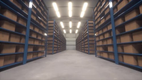 Warehouse full of shelves with goods in cardboard boxes. Logistics and Distribution concept