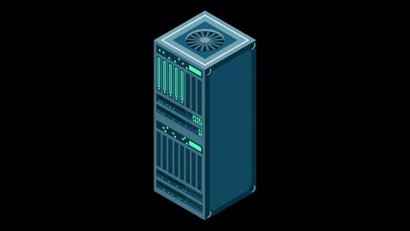 Isometric server animation. Network server room. 3D computer equipment ...