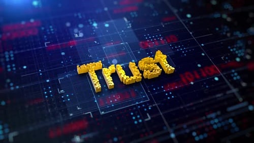 Digital Trust Concept: 3D Pixelated Text on Circuit Board