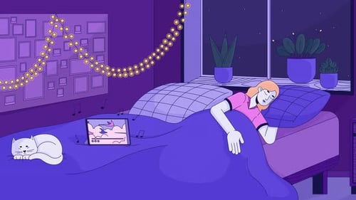 Animated Night Bedroom Scene with Sleeping Person and Cat Listening to Music