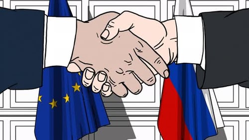 Flat Design Handshake Animation Between EU and Russian Flags