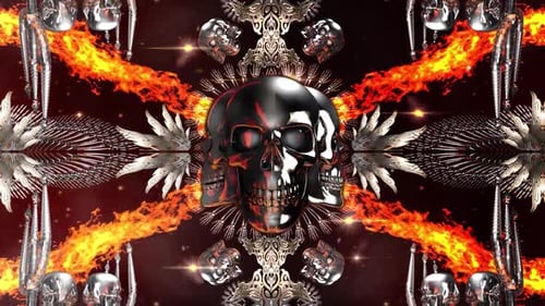 Fiery Chrome Skulls Kaleidoscope Loop Background