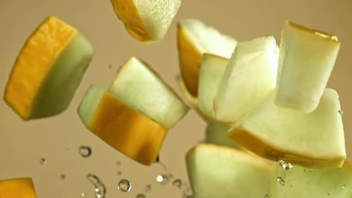 Des morceaux de melon volent sur un fond clair filmés par une caméra à haute vitesse à 1000 images par seconde