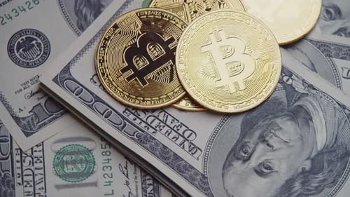 Macro Rotation Bitcoin Coins Over Us Bills Illustrating Digital Cash Dominance