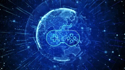 Futuristic Gaming Controller in Digital Rotating Globe Animation