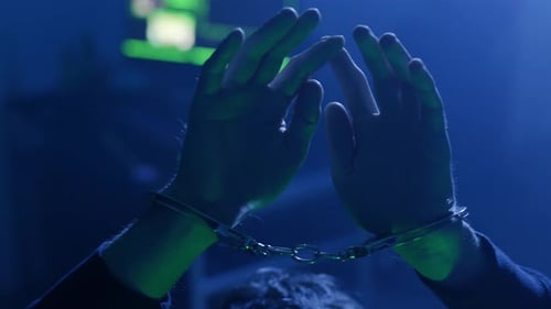 Person in Handcuffs in a Dark Room