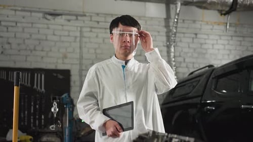 Electrical Engineer Adjusting Protective Glass Holding Tablet in Automotive Workshop
