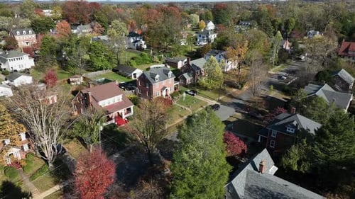 Aerial flight along street with cars and two.-story homes in american style. Colored trees on sunny