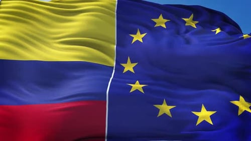 Colombia and European Union Flags Waving Seamlessly