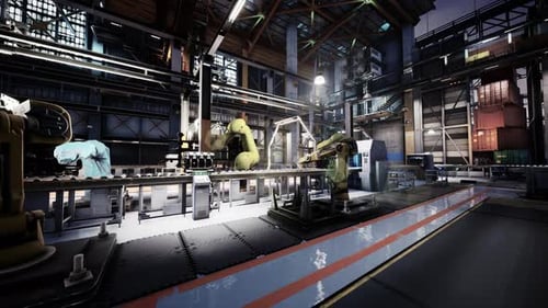 Scene of a Heavy Equipment Factory With Workers and Machinery
