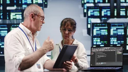 Colleagues Running Code in Data Center