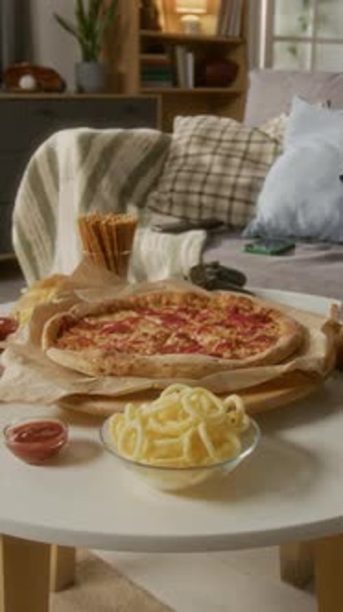 Pizza with Pasta and Sauce on Table