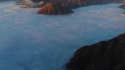 Aerial view of Bromo volcano at sunrise, Indonesia.